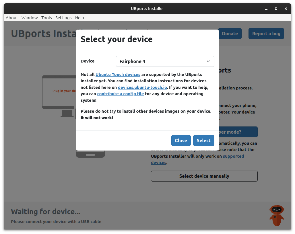 The select your device screen of the UBports Installer.