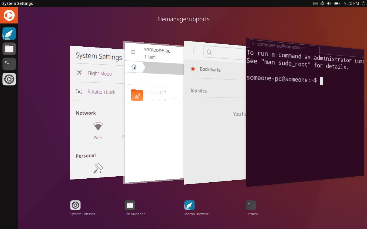 A tablet with Lomiri, currently showing all running apps on Ubuntu Touch.